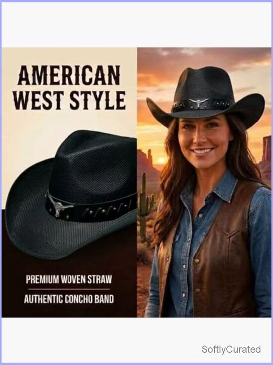 Western Straw Cowboy Hat with Decorative Bands - Unisex Wide Brim Sun Hat main image 7